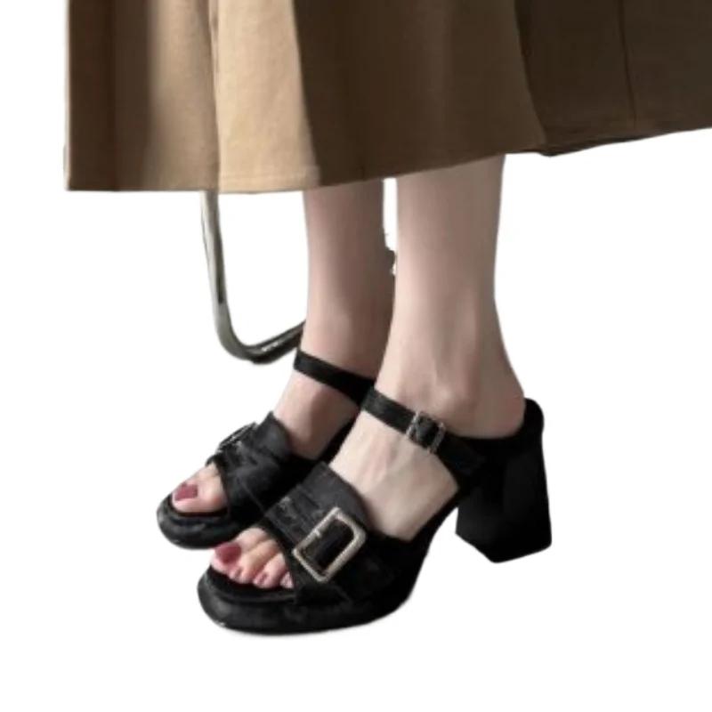Fashion 2025 Fashion Ladies Shoes Open Toe Women's Slippers New Belt Buckle Summer Best Seller Retro Chunky Solid Heels Women Zapatos