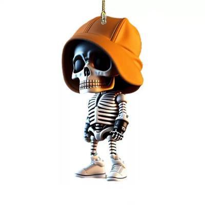 Creative Skeleton Car Mirror Dangle Spooky Acrylic Skeleton Statue Halloween Car Rearview Mirror Hangings