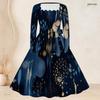 Plus Size Women Square Neck Long Sleeve Printed Navy Blue A Line Dress With Belt