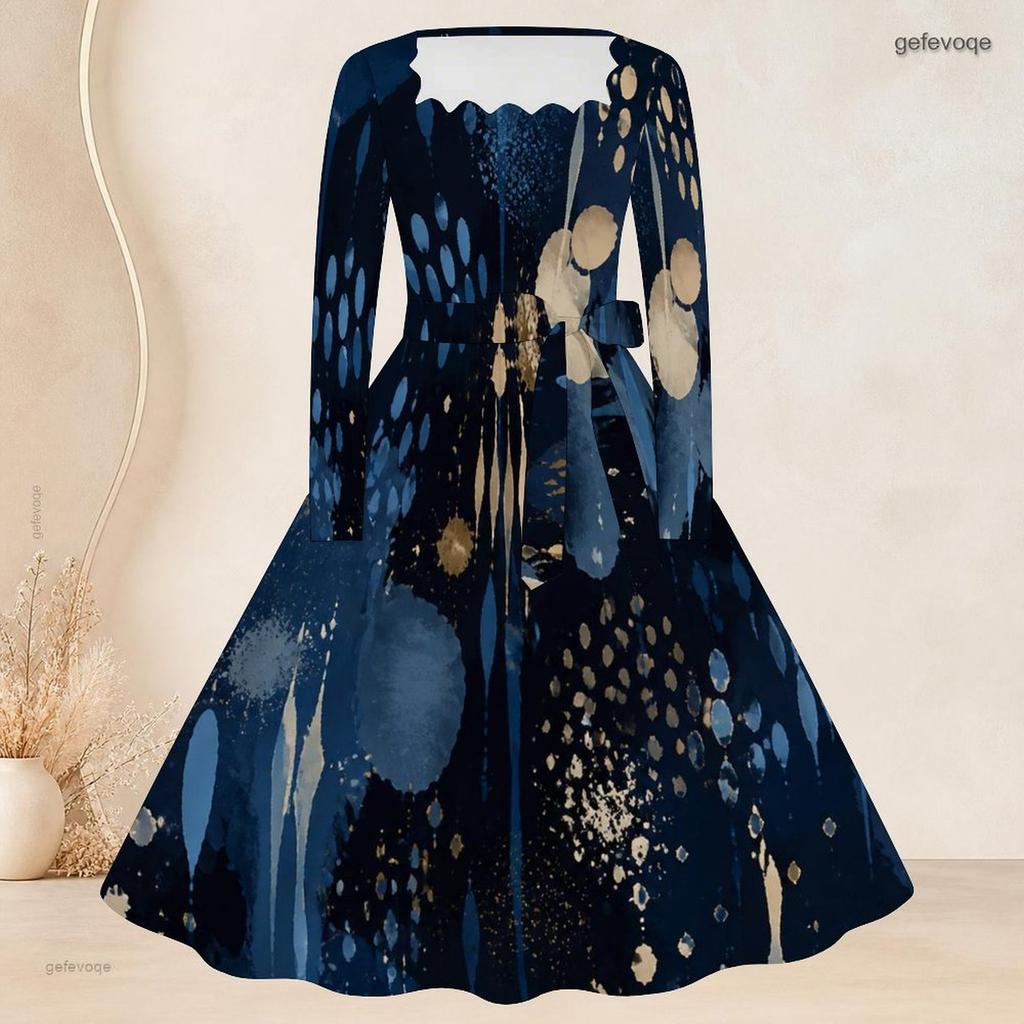 Plus Size Women Square Neck Long Sleeve Printed Navy Blue A Line Dress With Belt