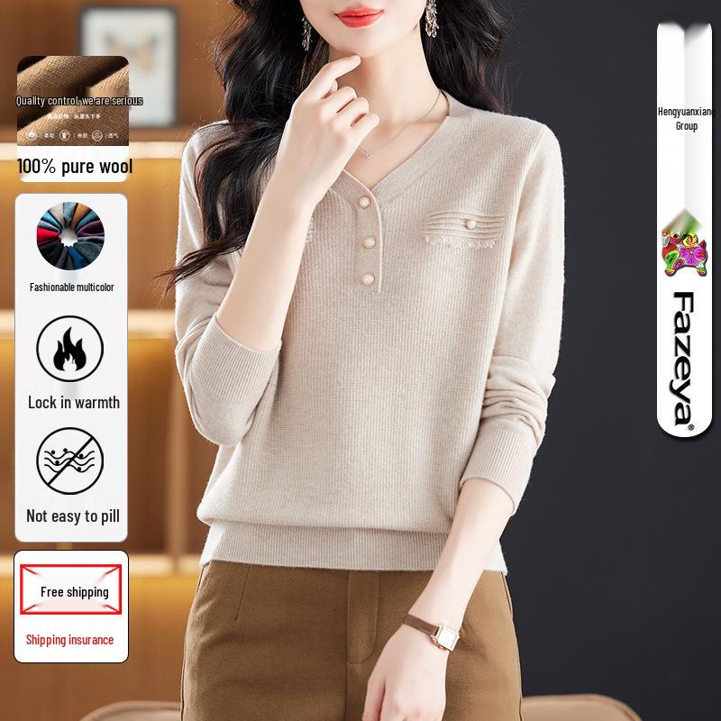

Women s V-Neck Pure Wool Sweater: New Winter Fashion Short Base Shirt 120 X-Large