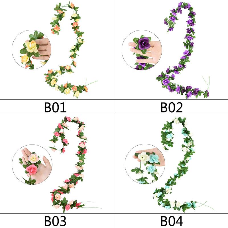 2.4m Artificial Silk Roses Flowers Rattan String Vine with Green Leaves For Wedding Home Garden Decor Hanging Garland