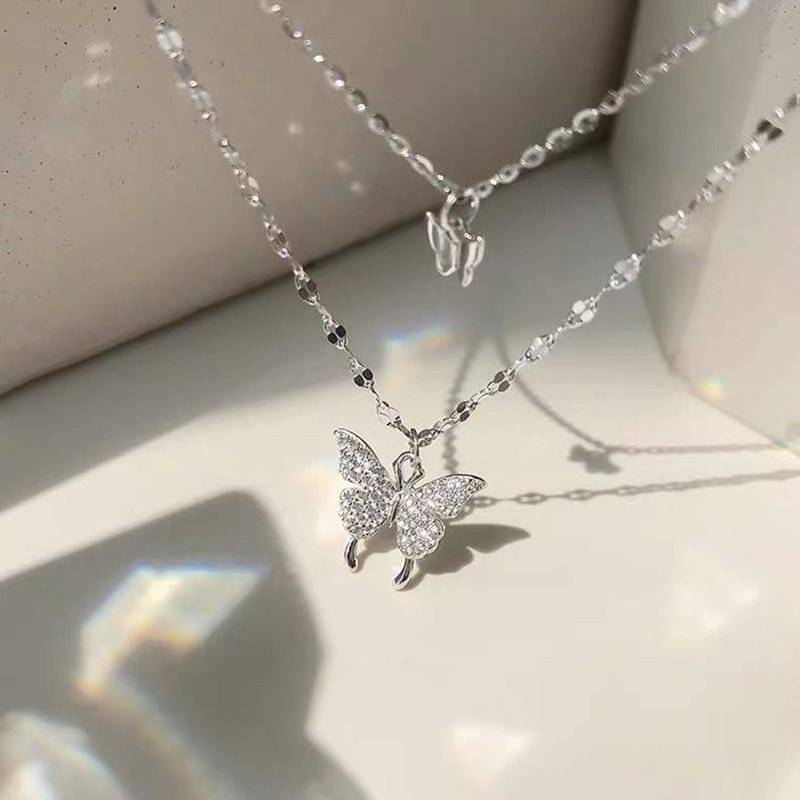 Fashion Shiny Diamond Double Layer Butterfly Necklace Collarbone Chain Charm Necklace Women's Wedding Jewelry Gifts Wholesal