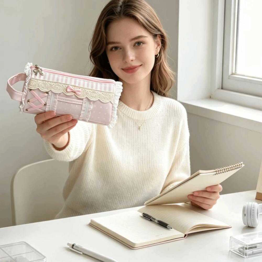 Ruffle Lace Pencil Case Large Capacity Stationery Pen Bag Desktop Storage Pencil Pouch Students