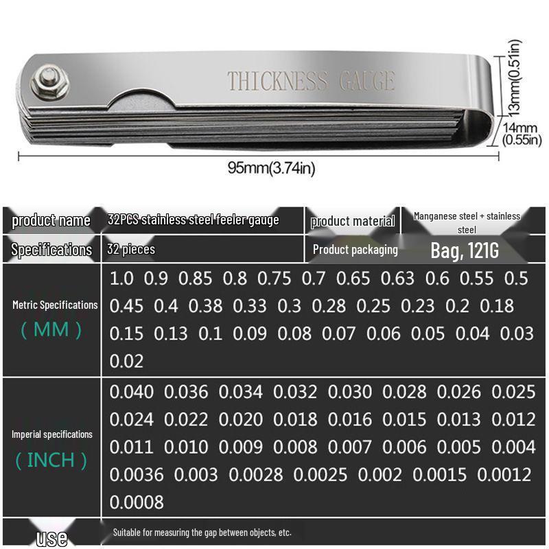 

32-Piece Feeler Gauge Set for Precision Measurement (0.04-0.88mm, 0.0015-0.035 inch) 32-piece stainless steel feeler gauge [1 piece]