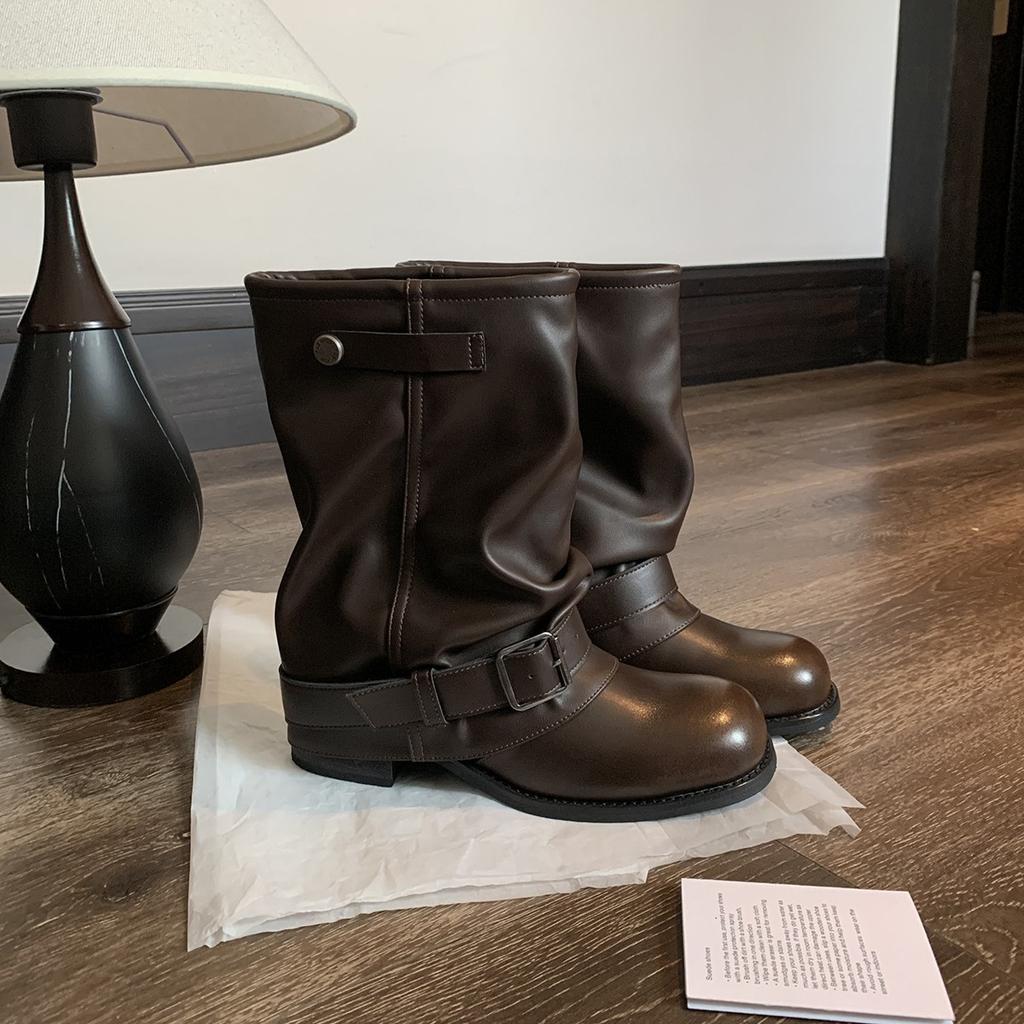 Spot version~ Grape Mom, the same wasteland wind thick bottom heightening and wide tube circumference stacking boots, western short boots for women's