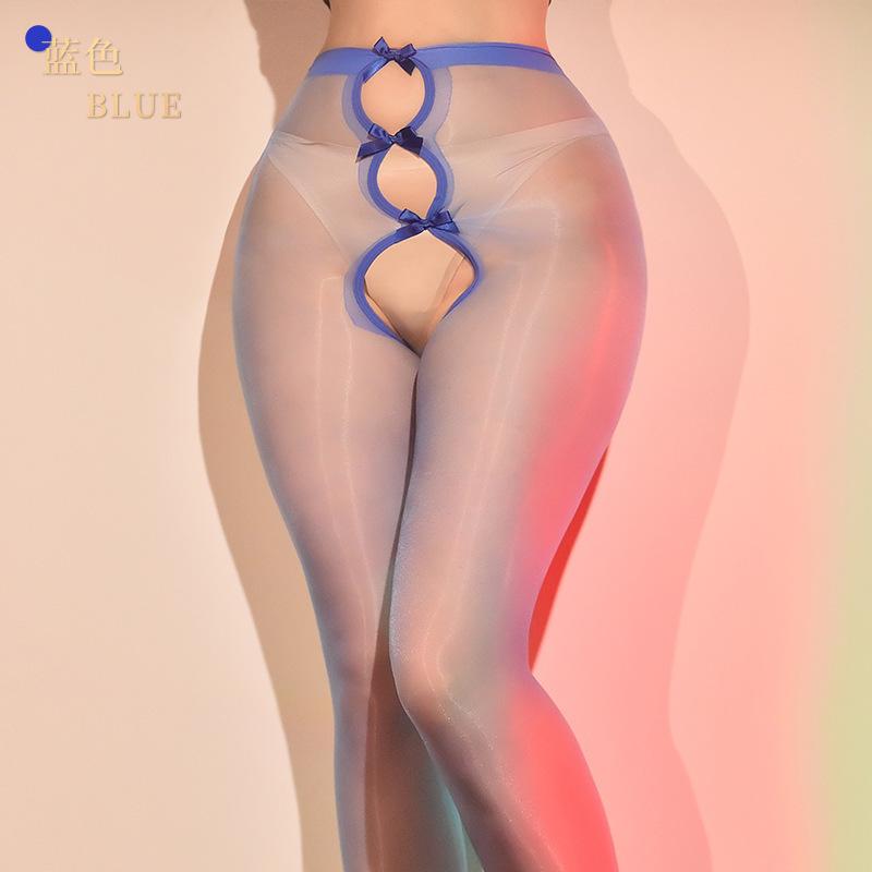 Sexy Oil Shiny Glossy Pantyhose Bowknot Hollow Out Tights Exotic Open Crotch Women's Allure Vintage Pantyhose Nighwear Shaper