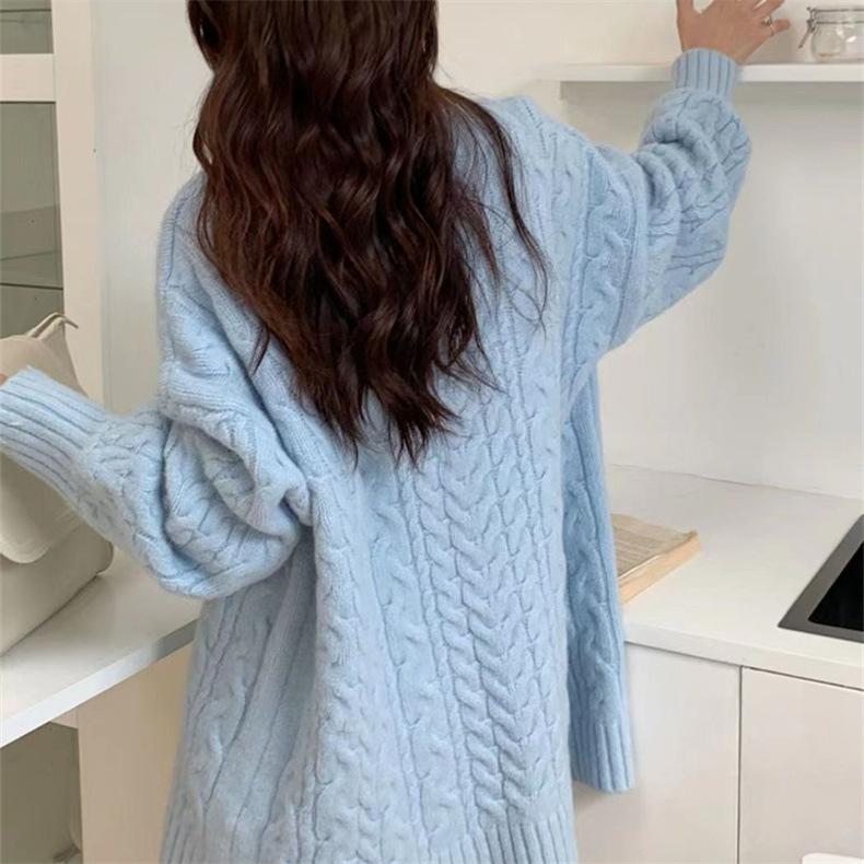 V Collar Lazy Wind Sweater Female Fall and Winter Set Head Loose Outerwear Blouse Thickened Twist Knit Sweater Comfortable Versatile Fashion