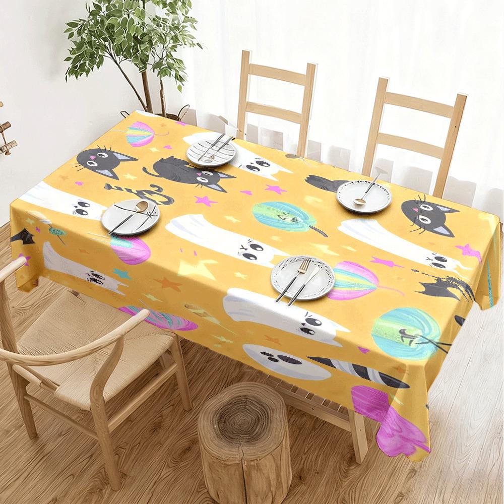 1pc Tablecloth Halloween Cute Kitten Ghost Pattern HD Digital Print Tablecloth Holiday Party Decor, Polyester Cover And Lining - Fits Rectangular Tabl