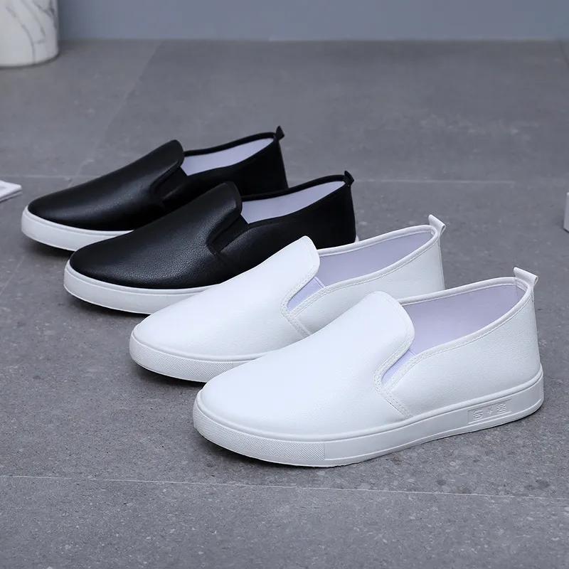  zapatos de mujer women cute round toe white pu leather spring slip on anti skid loafers lady school black shoes ab304