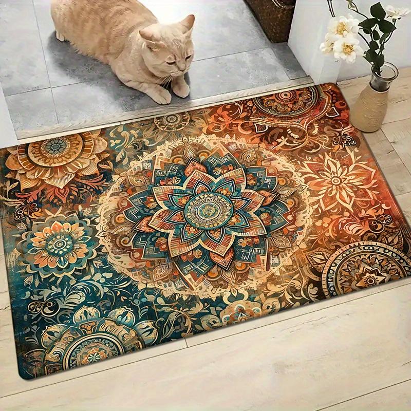 Vibrant Mandala Style Flannel Door Mat Entryway Kitchen Living Room Bedroom Laundry Bathroom Floral Red Beige Bathroom Carpet