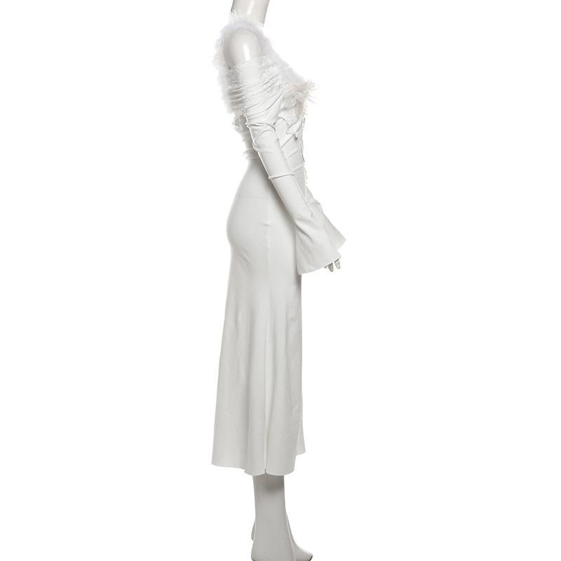 Autumn and Winter Women's Solid Color Slim-fit High-waisted Fashion One-line Collar Long-sleeved Dress