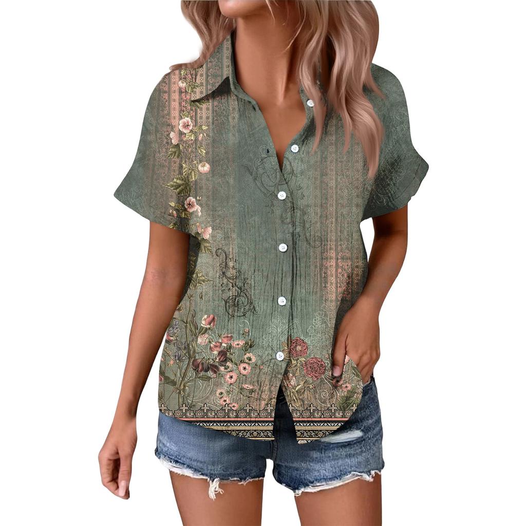 Women's Fashionable Casual Loose Floral Print Short-sleeved Shirt