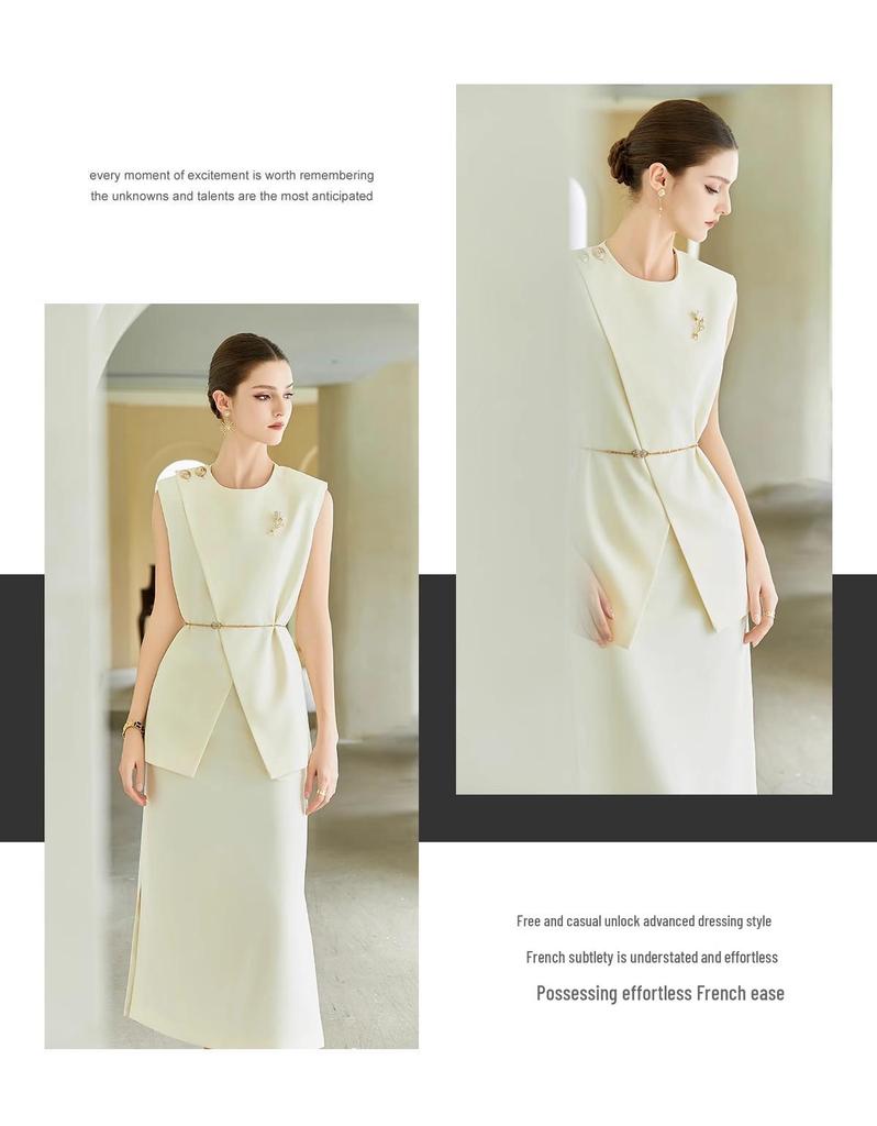 AD Helles Professionelles Zweiteiler-Set: Stilvoller ärmelloser Mantel und Rock für Damen