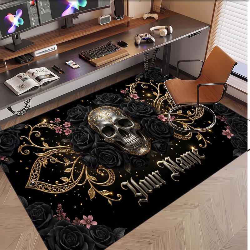 Totenkopf Gothic Thema Weicher Kristall-Samt Teppich Benutzerdefinierter Name & Text Druck Rutschfester Boden Teppich für Schlafzimmer Wohnzimmer