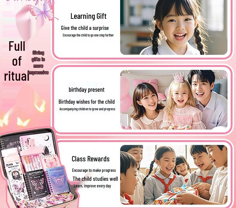 Pink Butterfly Stationery Gift Box for Girls, Back to School Supplies, Big Gift Pack for Tenth Birthday Party Favors