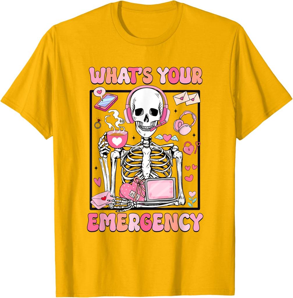 Skeleton Dispatcher Valentines Day Whats Your Emergency Graphic T-Shirt Men Casual Daily Cotton Tee