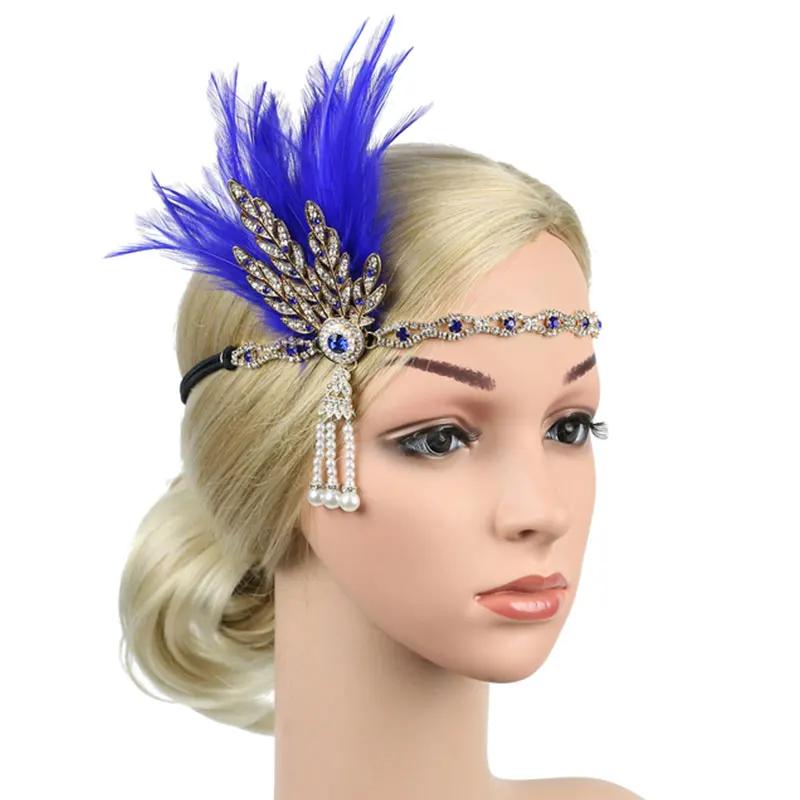 1920s Vintage Feather Flapper Gatsby Headband Rhinestone Pearl Metal Chain Charleston Party Bridal Headpiece Carnival Accessorie