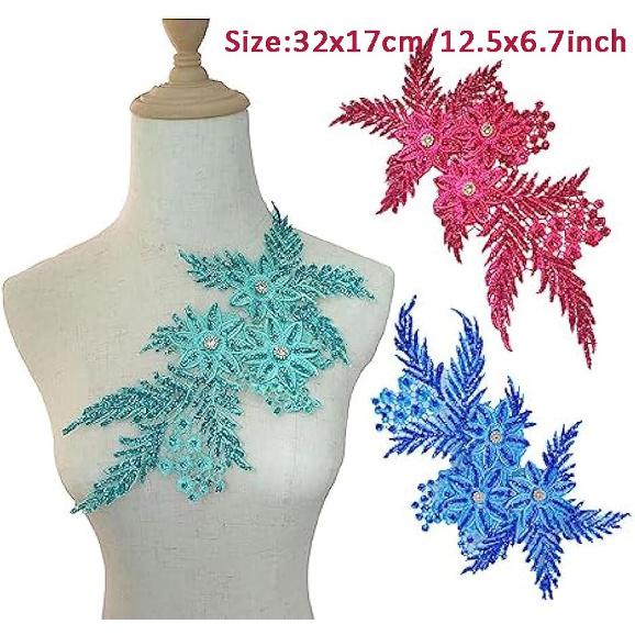 4er-Pack 3D-Blumen-Pailletten-Applikation mit Strass-Glitzer-Perlen-Stickerei, Stoff-Spitzenbesatz für Hochzeit, Brautkleid, Kleid, Tasche, Kissen