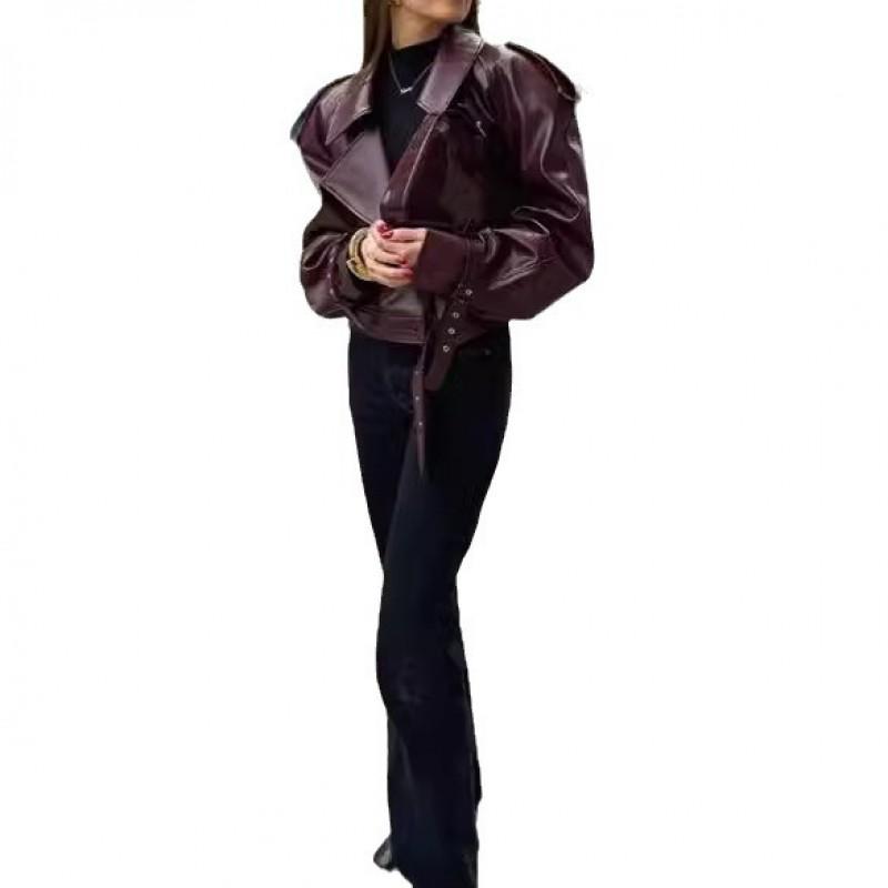 Womens Vintage Lapel PU Leather Biker Jacket Slim Fit Streetwear Wine Red