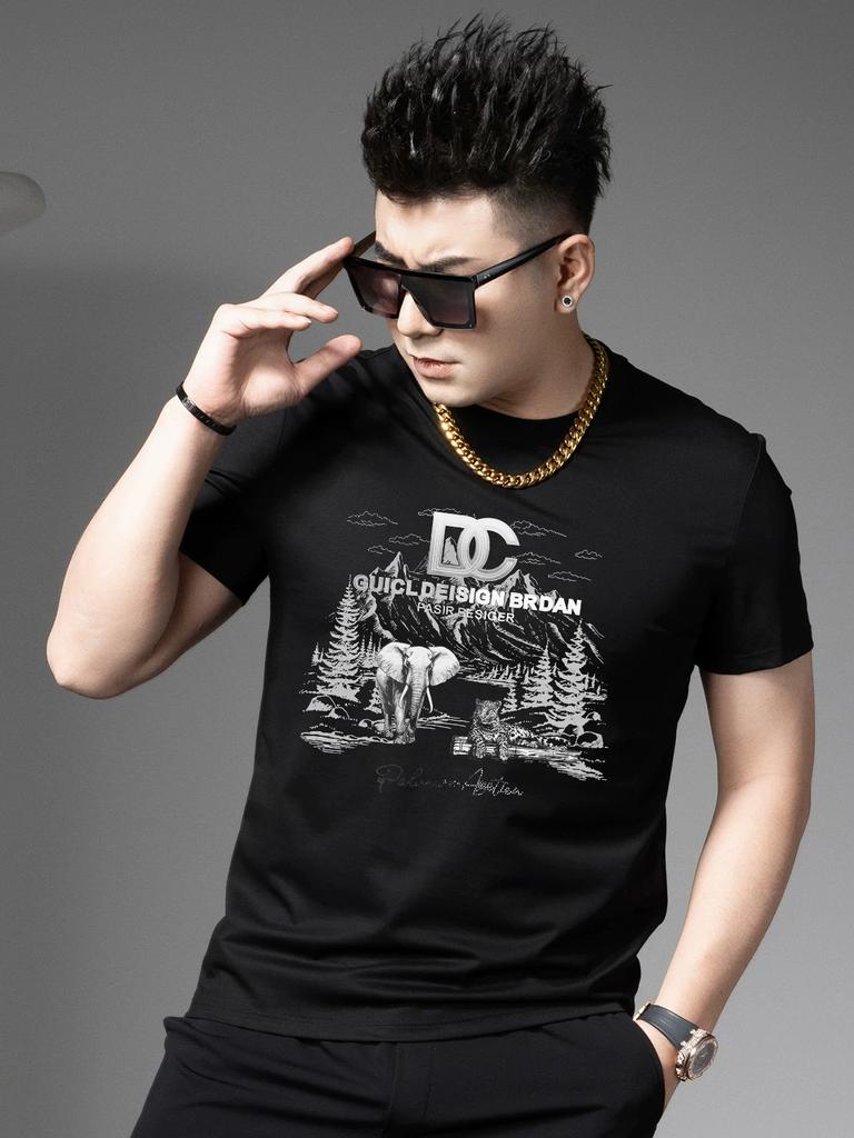 European Goods 2025 Summer New Style American Trendy Brand Printed Half-Sleeved T-Shirt Fashionable Round Neck Top Men's Short-Sleeved T-Shirt