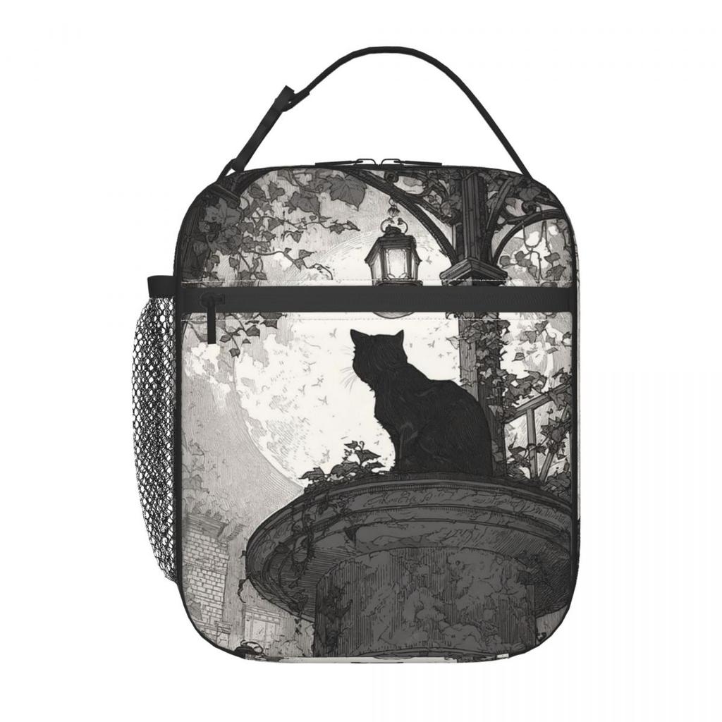 Vintage Black Cat And European Street Scene Insulated Lunch Bag for Women Children Leakproof Food Boxes Thermal Lunch Box Tote