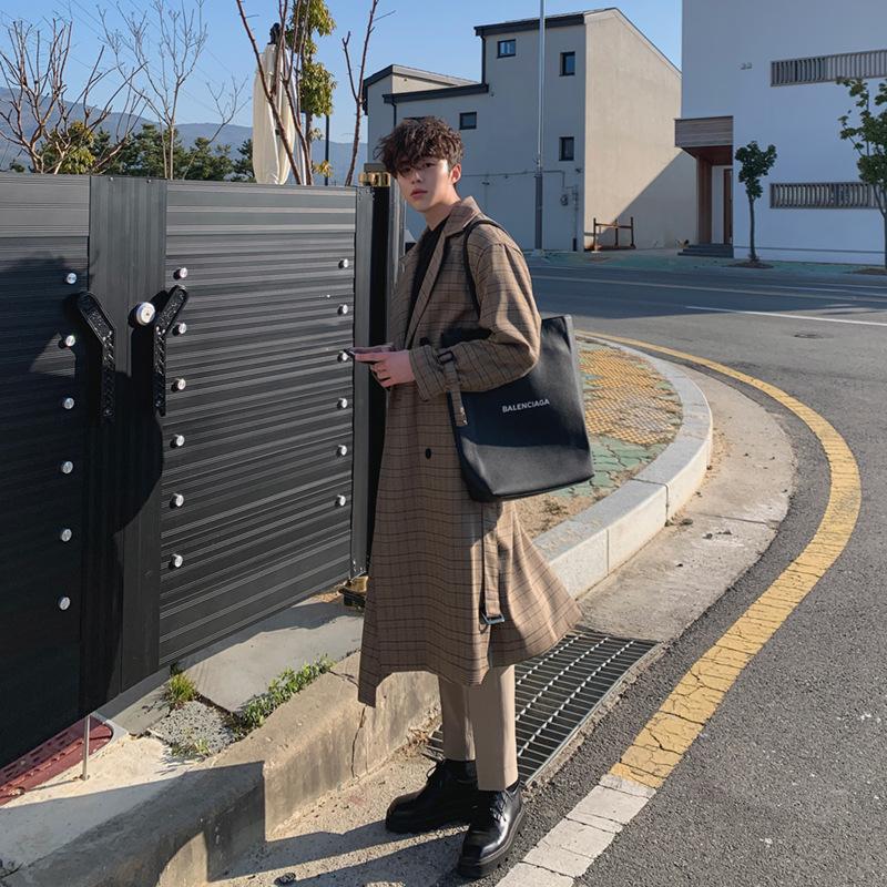 Mid-length Windbreaker Men's Plaid Korean Style Trendy and Handsome Coat Spring and Autumn Knee-high British Windbreaker Jacket