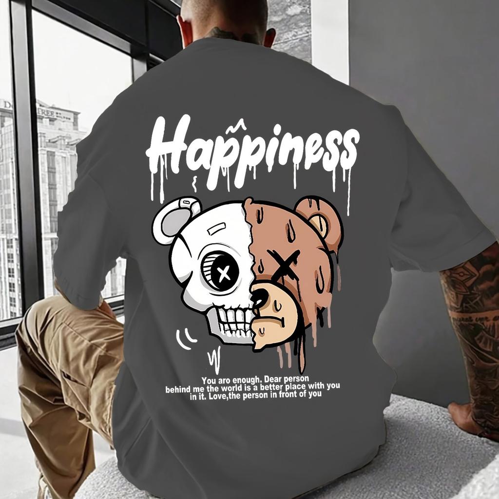 Unisexs Summer Pure Cotton Fashionable Casual Sports Cartoon Bear Pattern Print Round Neck Unisexs And Unisexs Short Sleeved Tshirt