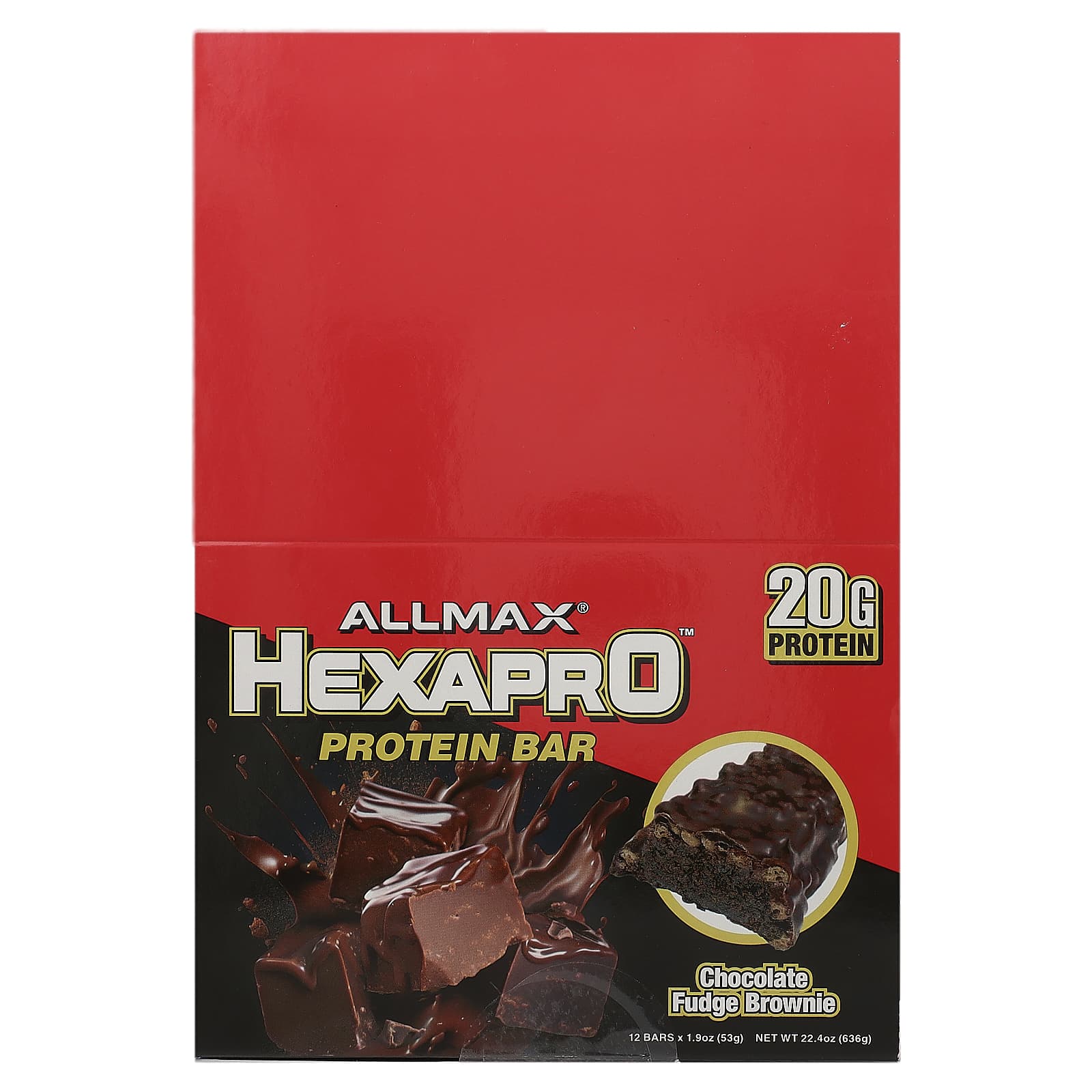

ALLMAX, Hexapro protein bar, chocolate fudge brownie, 12 packs, 53g (1.9oz) each