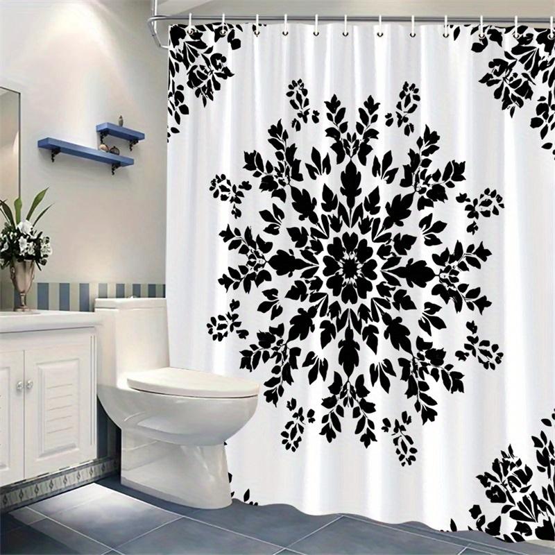 1Pc Black Floral Snowflake Pattern Shower Curtain - Polyester Fabric, Machine Washable, Suitable For Bathroom Decoration
