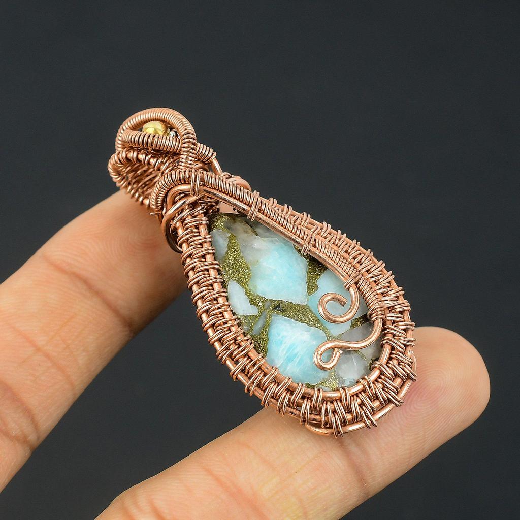 Copper Larimar Pendant Gemstone Handmade Jewelry, 999 Copper Wire Wrapped Pendant, Gift For Wife Jewelry