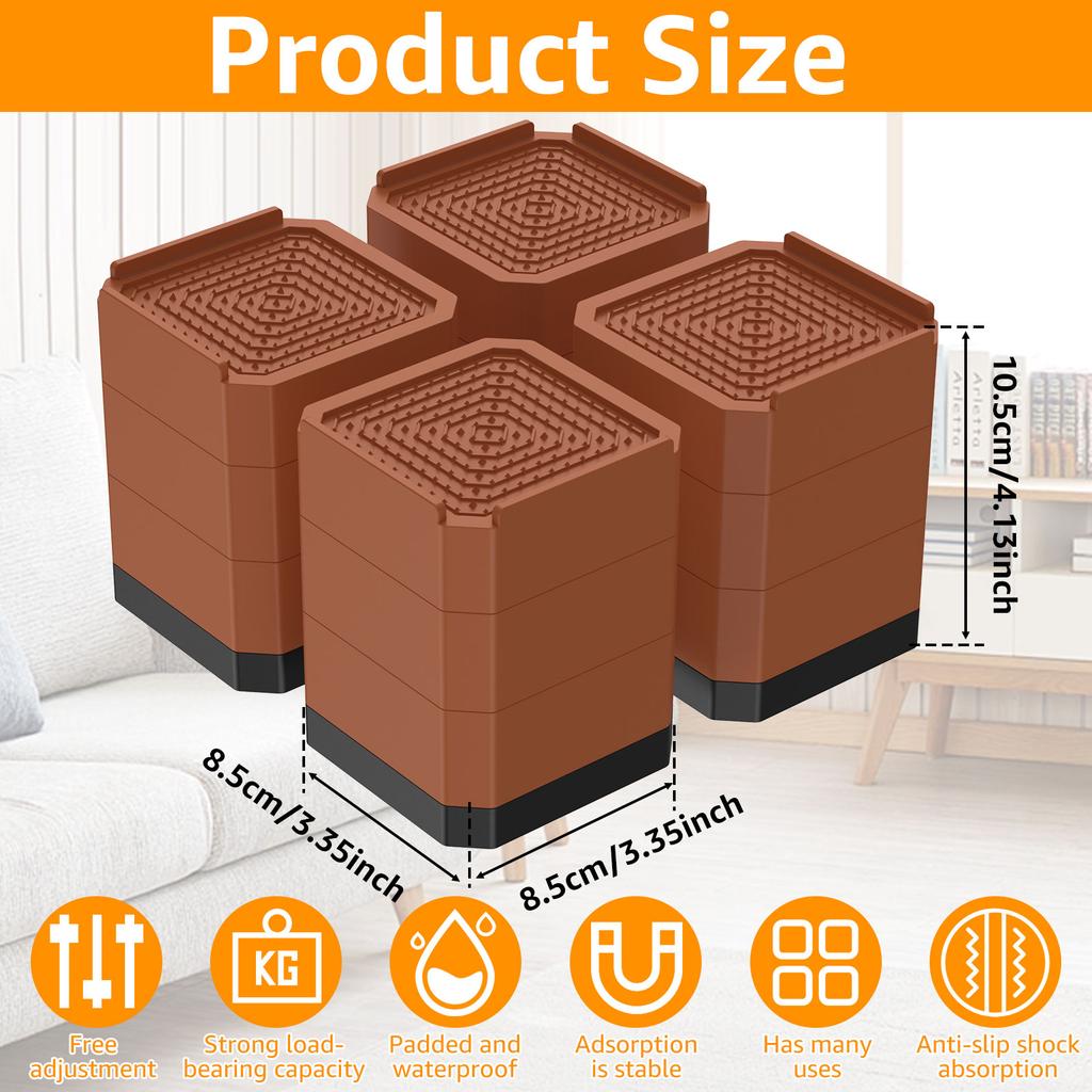 4 Stück 4 Zoll Betterhöher 3-lagig abnehmbare Tischbeine Schwerlast Quadratische Möbelerhöher für Sofa Tisch Stuhl