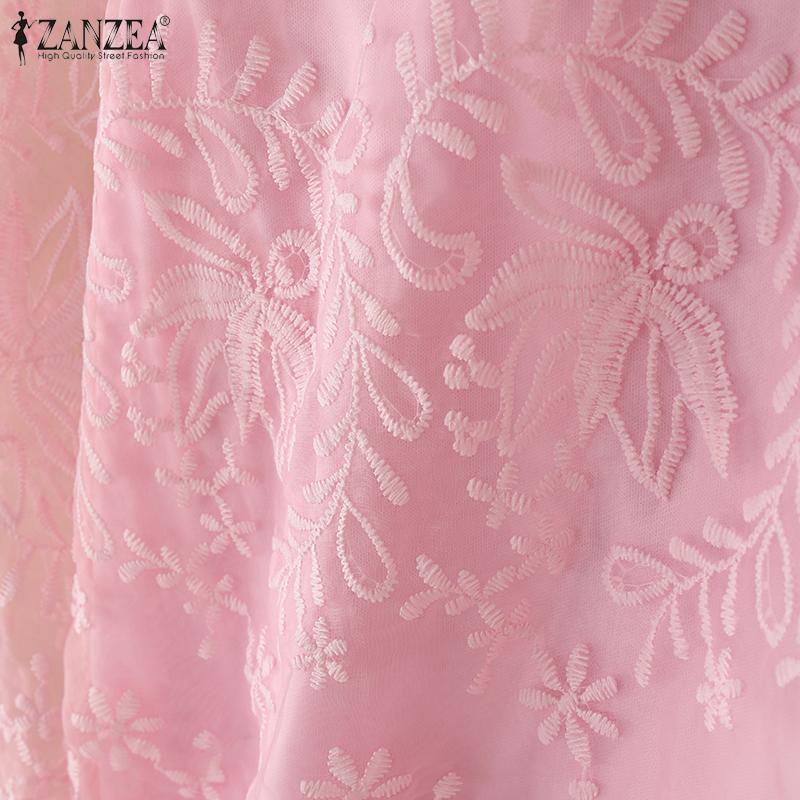 ZANZEA Damska letnia codzienna bluzka z rękawem 3/4, z haftowanym koronkowym patchworkiem