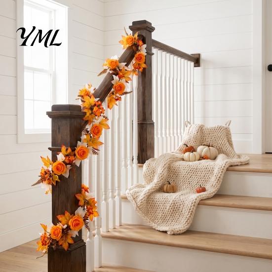 Silk Flower Rattan 180cm Artificial Vine Hanging Door Wreath with Pumpkins Berries Maple Leaves, Halloween Home Decor Garland for Autumn Harvest