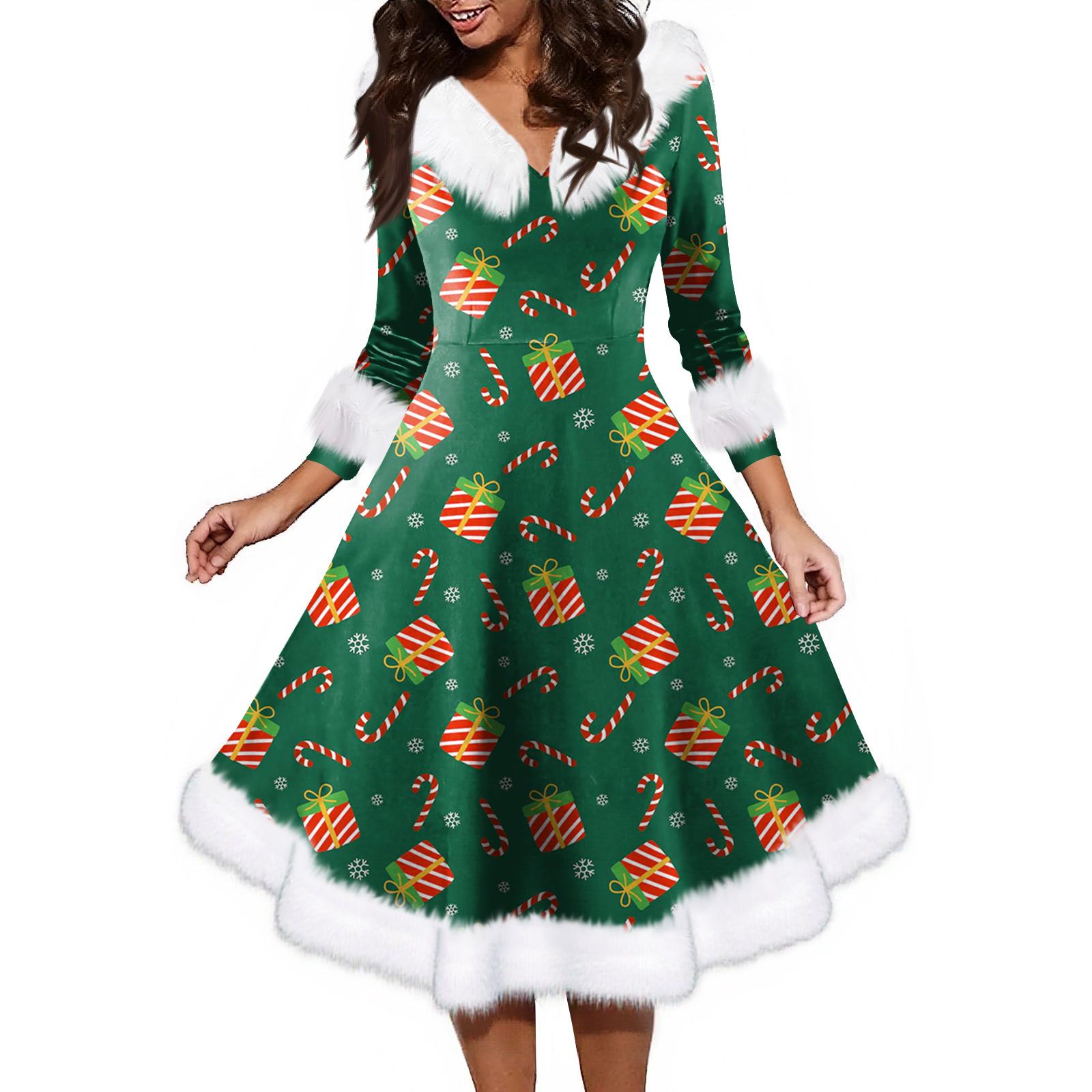 

Женское модное повседневное платье с v-образным вырезом и рождественским принтом для вечеринки с длинными рукавами S зелёный