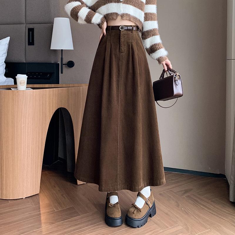 Women's High Waist Corduroy Midi Skirt - 2025 Autumn Winter Korean Style, Large Flare Pleated Design
