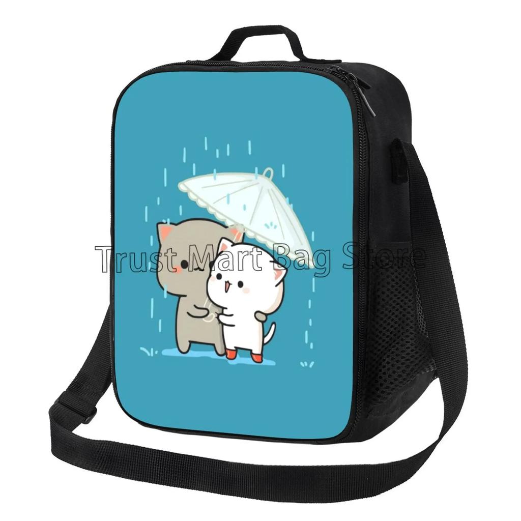 Cartoon Peach and Goma Mochi Cat Insulated Lunch Bag Resuable Leakproof Cooler Thermal Bento Bag with Adjustable Shoulder Strap
