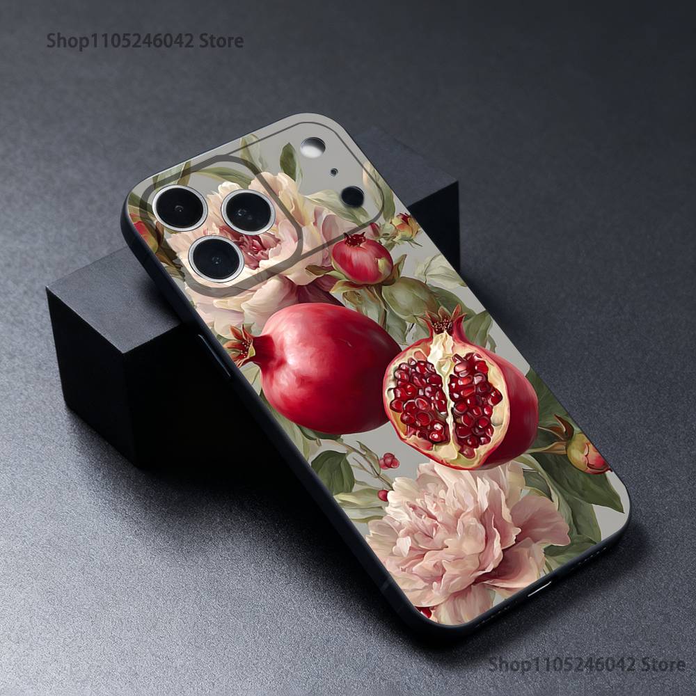 Cute pomegranate Phone Case For iPhone 17,16,15,14,13,12,11,Pro,Max,Plus Black Shockproof Soft Cover