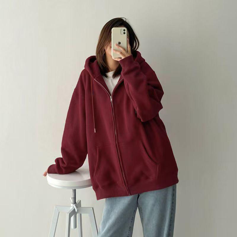 Burgundy Retro Fleece-Lined Hooded Cardigan - Petite Loose Fit for Spring/Autumn