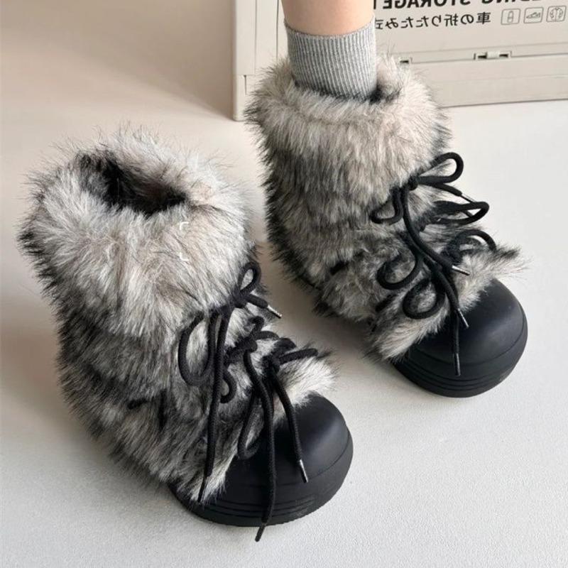 Damskie Buty Śniegowce Futro Projektant Moda Krótki Plusz Płaskie Buty Zimowe Trend Kokarda Platforma Ciepłe Przytulne Buty Zimowe Botas Mujer