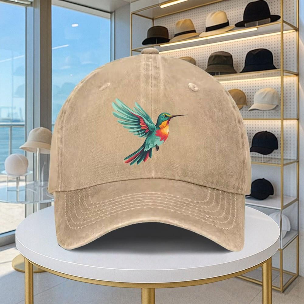 Hummingbird Print Washed Baseball Cap Adjustable Cotton Vintage Distressed Duckbill Hat Casual