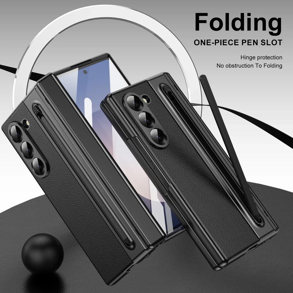 High-end Business With Pen Slot Holder PU Leather Case For Samsung Galaxy Z Fold 7 6 5 4 3 Hinge Film Integrated Protector Cover