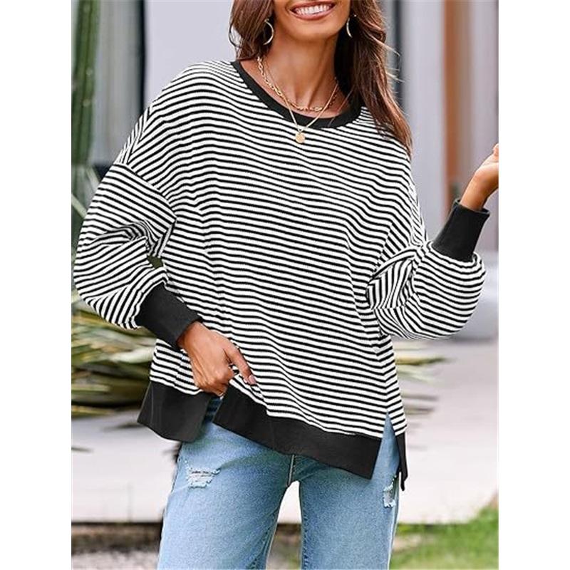 Dames Gestreept Crewneck Sweatshirt Los Oversized Lange Mouw Pullover Casual Dagelijks Blouse Top