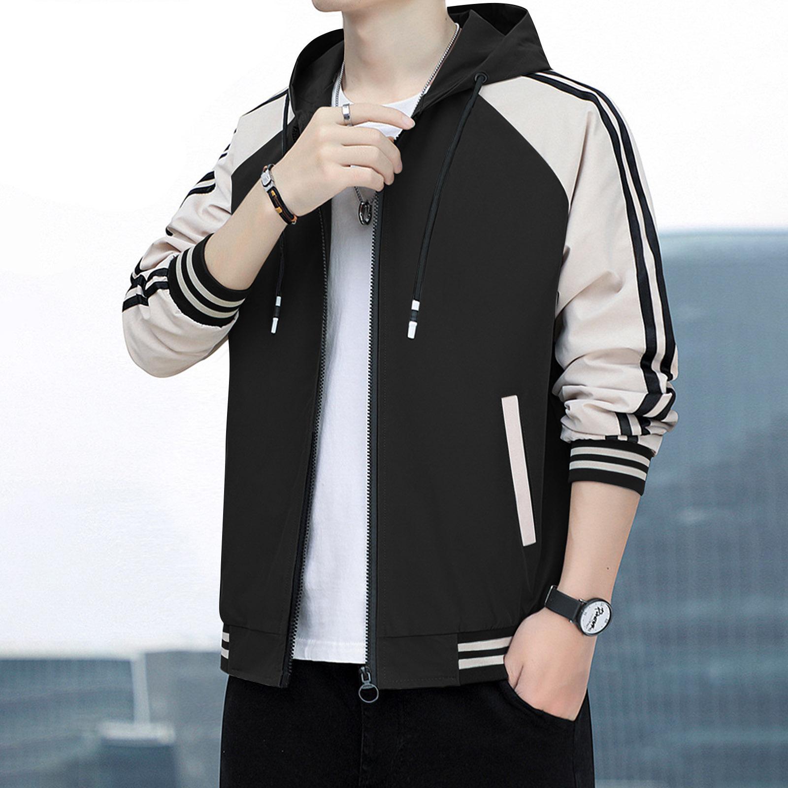 

Мужская модная куртка на молнии с капюшоном в стиле колор-блок, повседневное спортивное пальто с длинными рукавами L чёрный