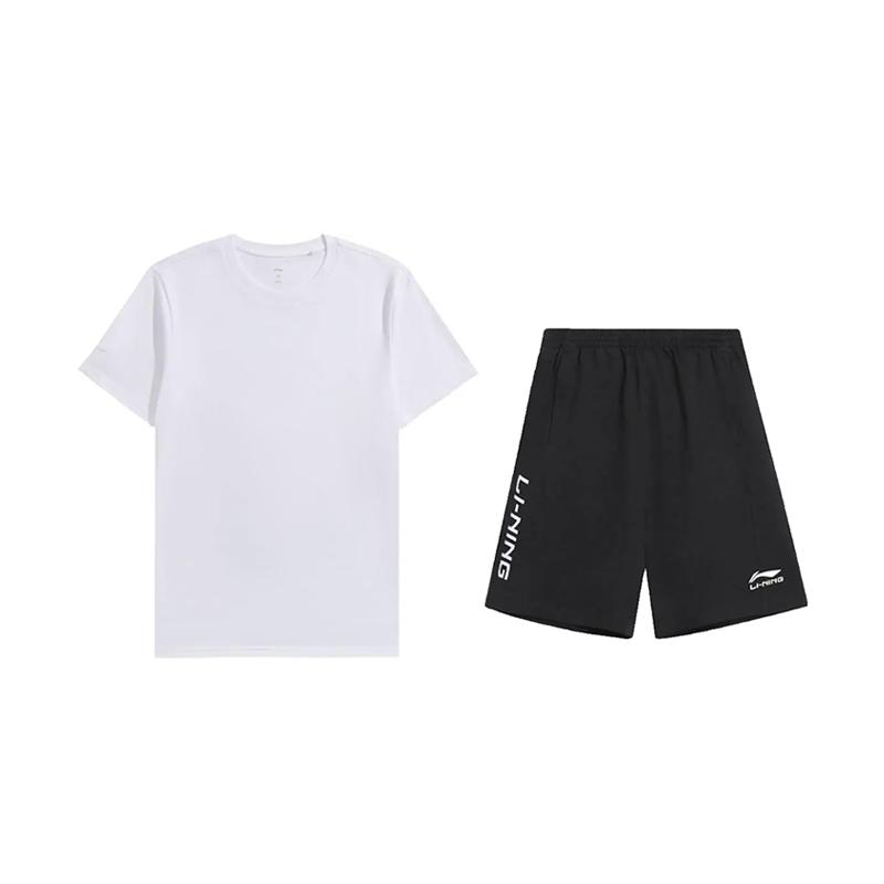

Li-Ning Round Neck Pullover Solid Color Versatile Loose Short Sleeve Brand Logo Letter Pattern Printed Shorts Casual Sports Suit AHSUA49-1+YKSV149-1 S