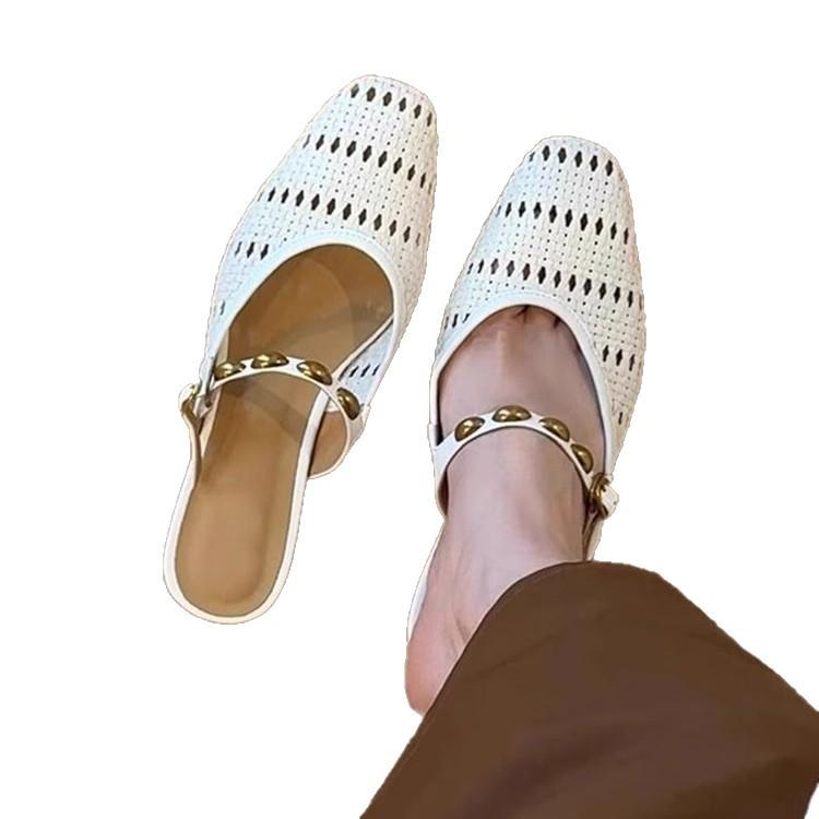 Sheepskin version~ French retro square head hollow bag head sandals women's versatile light mouth breathable casual Muller shoes single shoes