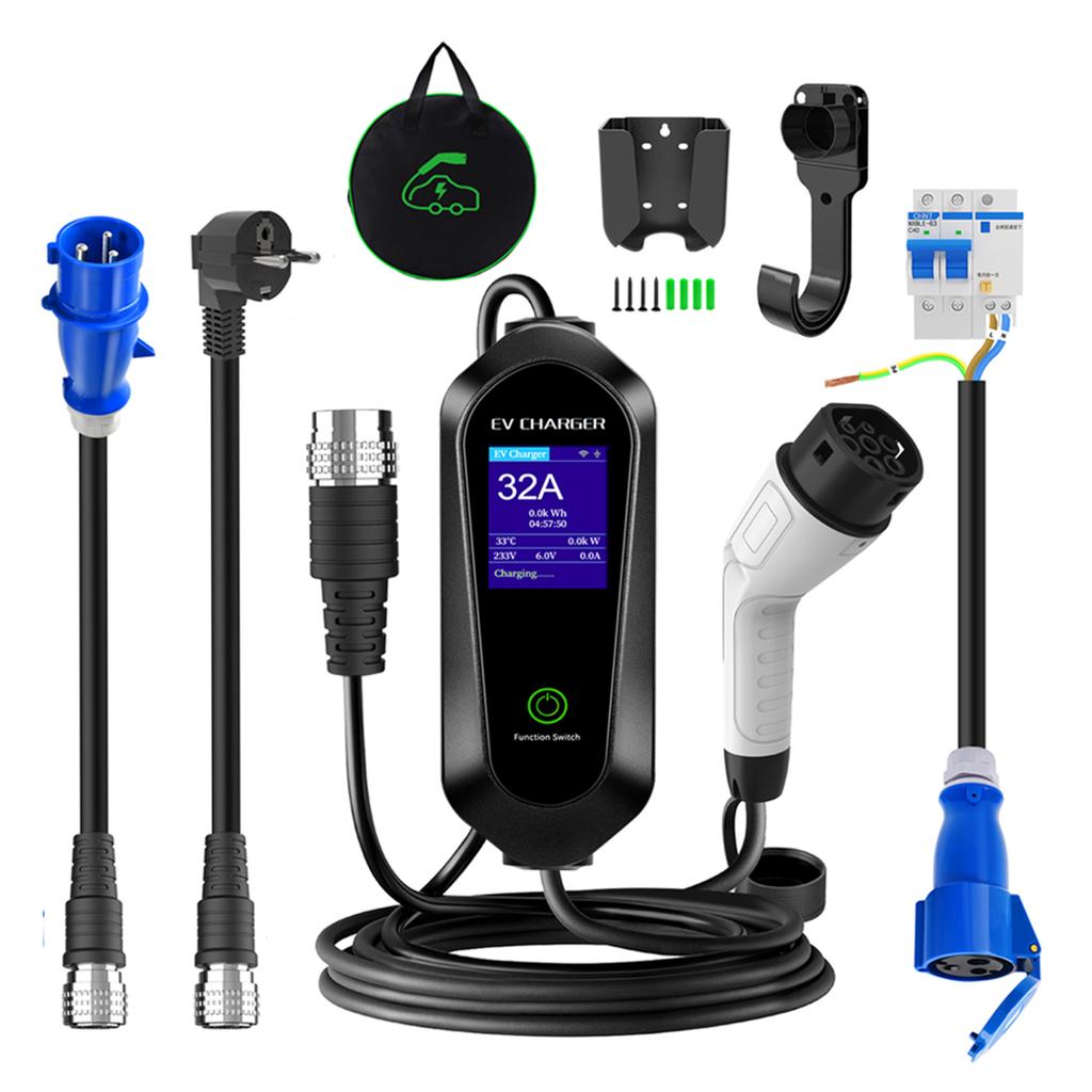 Portable Type-2 EV Charger Wall Auto Recognition 16A/32A 3.5KW/7KW 5M Single-Phase With LCD Display Bluetooth WIFI APP Control