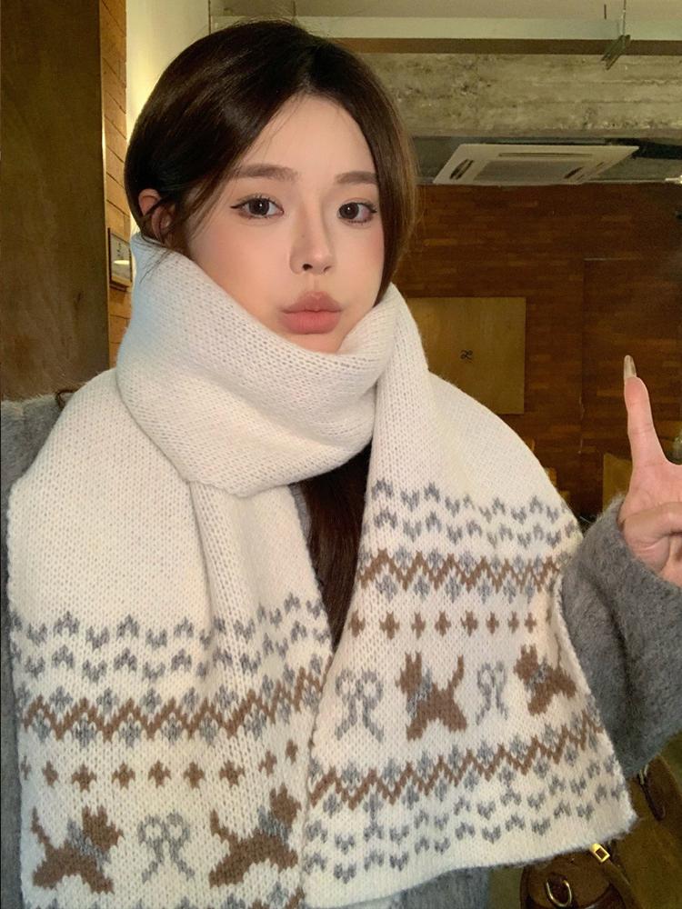 New Women'S Red Dog Pattern Knit Scarf Winter Warm Soft Christmas Fashion Korean Wrap Shawl Scarves For Ladies Male Sweet Casual