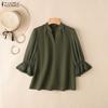 ZANZEA Women Casual V-neck Solid Color 3/4 Sleeve Loose Blouse