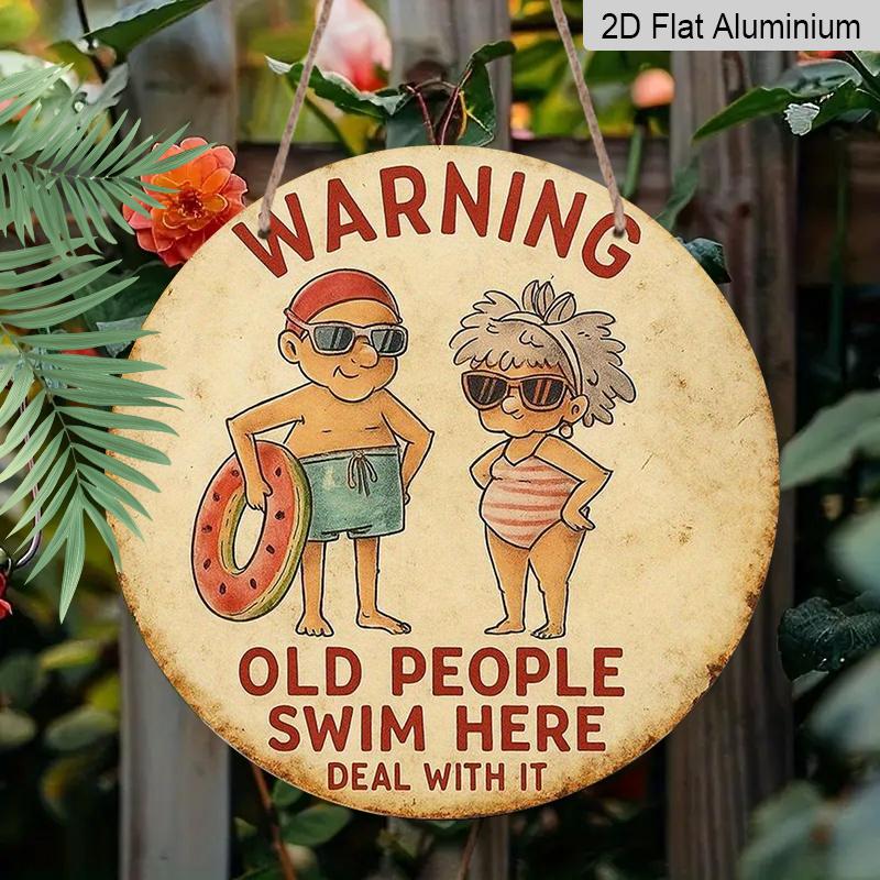 2D Flat 1pc, 8x8 In, Elderly Swimming Warning Aluminum Metal Sign - Vintage Swimming Pool Decor with Funny Elderly People Design, Rustic Iron Wall